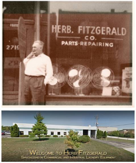 A collage of laundry equipment and outside view of Herb Fitzgerald