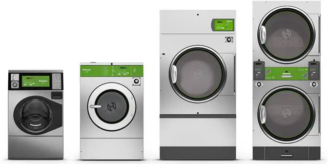 Set of white and metallic surface washing machine and dryers